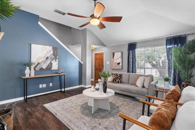 501 Battlecreek Ln, Leander, TX 78641 - living room with vaulted ceiling, wood finished floors, and ceiling fan