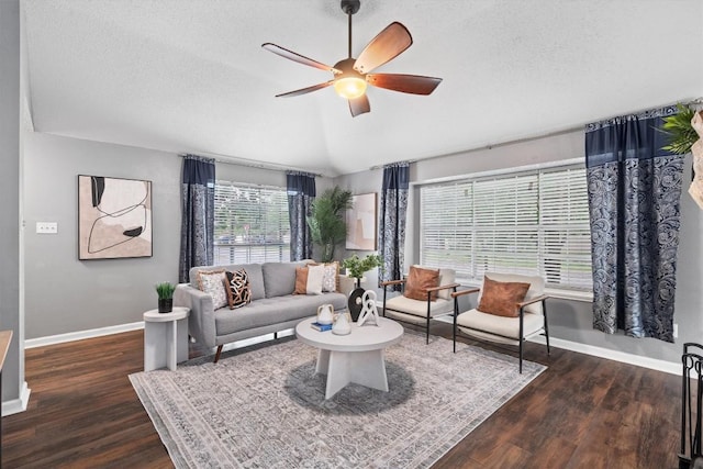501 Battlecreek Ln, Leander, TX 78641 - living room with wood finished floors, a ceiling fan, a textured ceiling, and vaulted ceiling