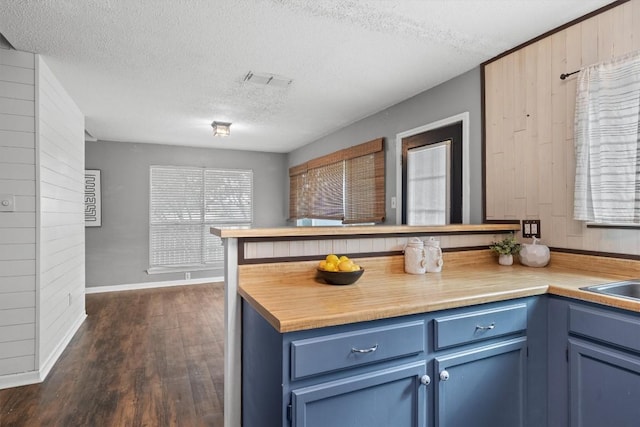 501 Battlecreek Ln, Leander, TX 78641 - kitchen with blue cabinetry, a textured ceiling, dark wood-type flooring, a peninsula, and butcher block counters