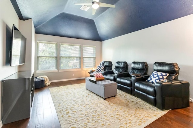 10601 Showboat Cv, Austin, TX 78730 - home theater with a ceiling fan, dark wood-type flooring, and lofted ceiling