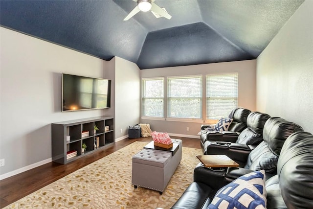 10601 Showboat Cv, Austin, TX 78730 - living room with a ceiling fan, wood finished floors, lofted ceiling, and a textured ceiling