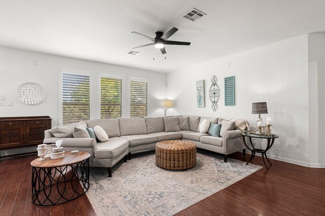 7625 Brecourt Manor Way, Austin, TX 78739 - living area featuring ceiling fan and dark wood-style flooring