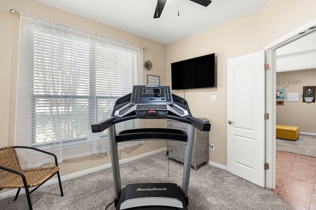 7625 Brecourt Manor Way, Austin, TX 78739 - exercise area featuring a ceiling fan, plenty of natural light, and carpet floors