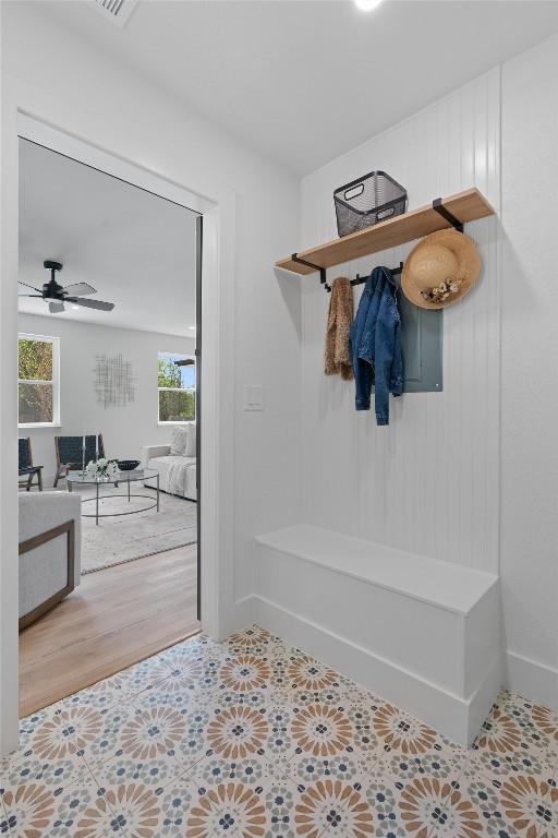 5604 Overbrook Dr, Austin, TX 78723 - mudroom featuring plenty of natural light, a ceiling fan, and tile patterned flooring