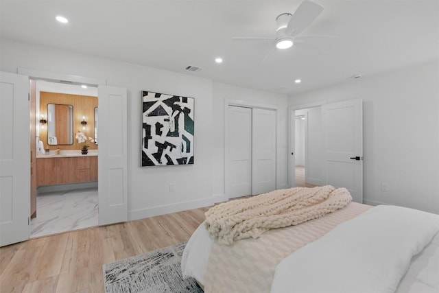 5604 Overbrook Dr, Austin, TX 78723 - bedroom with recessed lighting, connected bathroom, a closet, and a ceiling fan
