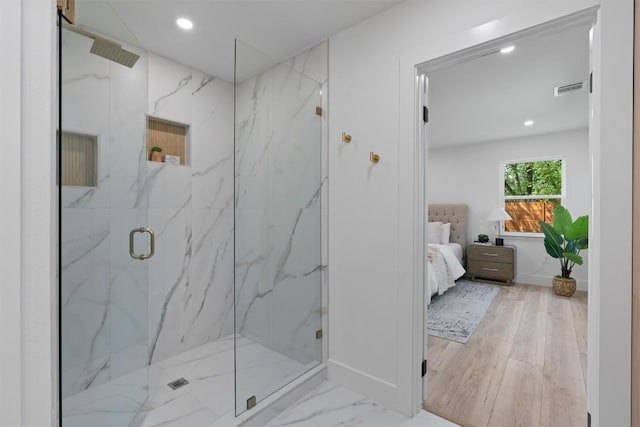 5604 Overbrook Dr, Austin, TX 78723 - full bathroom featuring a marble finish shower, connected bathroom, and recessed lighting