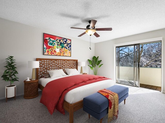 6718 Silvermine Dr Unit 201, Austin, TX 78736 - bedroom with access to exterior, carpet flooring, a ceiling fan, and a textured ceiling
