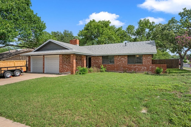 1300 Neans Dr, Austin, TX 78758 - ranch-style house with an attached garage, brick siding, a chimney, concrete driveway, and a shingled roof