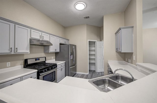 430 Zebra Dr, Kyle, TX 78640 - kitchen with appliances with stainless steel finishes, under cabinet range hood, light countertops, dark wood-style floors, and a textured ceiling