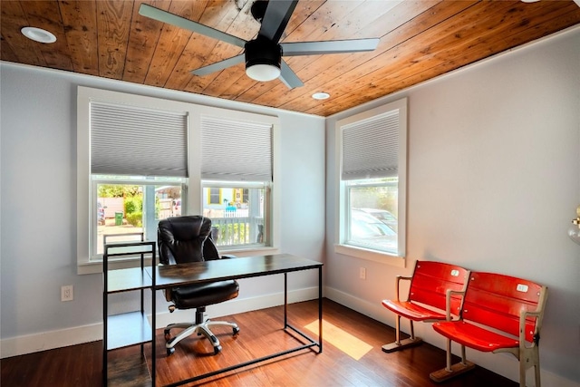 1309 Garden St, Austin, TX 78702 - home office with wooden ceiling, a ceiling fan, and wood finished floors