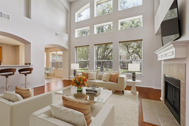 411 S Lynnwood Trl, Cedar Park, TX 78613 - living area with light wood finished floors, arched walkways, a high ceiling, and a fireplace
