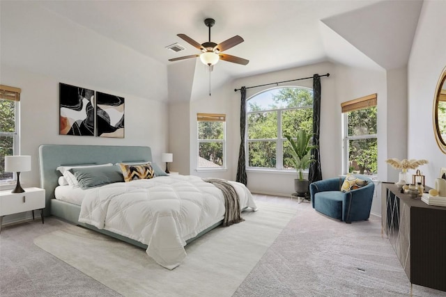 411 S Lynnwood Trl, Cedar Park, TX 78613 - bedroom featuring carpet, multiple windows, vaulted ceiling, and ceiling fan