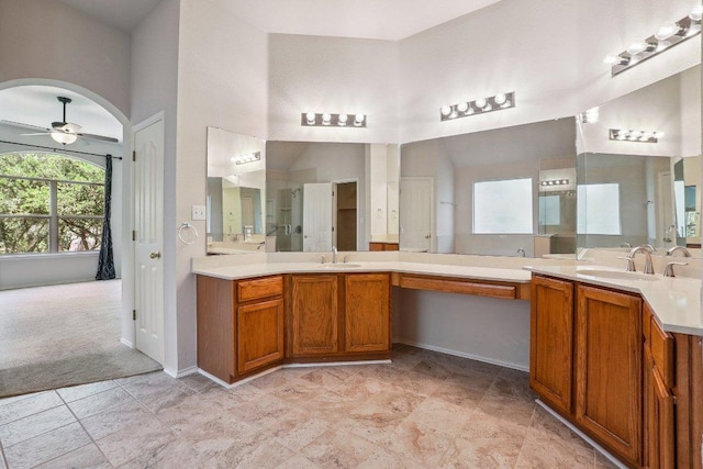 411 S Lynnwood Trl, Cedar Park, TX 78613 - bathroom with a ceiling fan, double vanity, and a shower