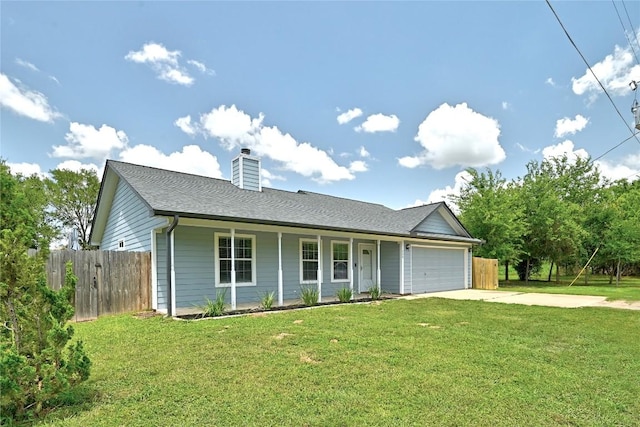 118 W Pauwela Ln, Bastrop, TX 78602 - ranch-style home featuring an attached garage, concrete driveway, a chimney, covered porch, and roof with shingles