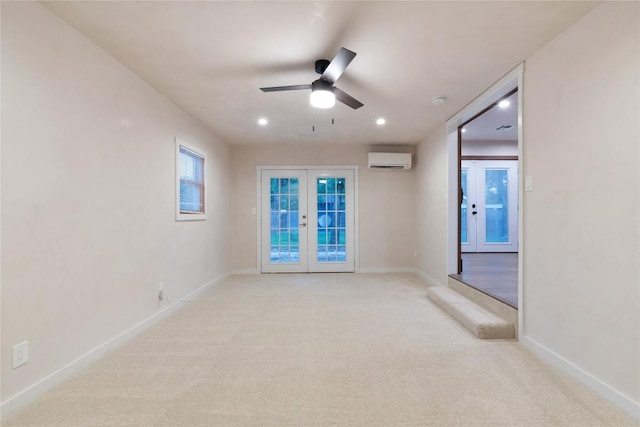 318 W Hackberry St, Fredericksburg, TX 78624 - empty room with french doors, a wall mounted air conditioner, a ceiling fan, light colored carpet, and recessed lighting