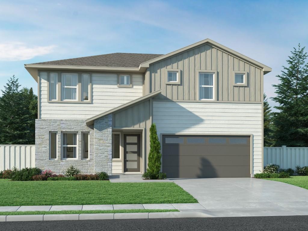 4300 Forel Rd, Pflugerville, TX 78660 - view of front facade with board and batten siding, stone siding, driveway, and an attached garage