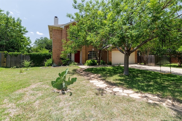 16704 Shipshaw River Cv, Leander, TX 78641 - view of property hidden behind natural elements featuring brick siding, concrete driveway, a chimney, and a garage