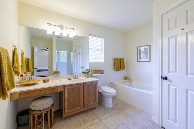 16704 Shipshaw River Cv, Leander, TX 78641 - full bathroom featuring vanity, a bath, tile patterned flooring, and an enclosed shower