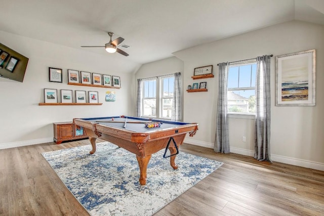 336 Gaida Loop, Georgetown, TX 78628 - recreation room with lofted ceiling, ceiling fan, pool table, and light wood finished floors