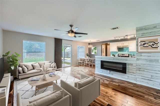 14418 Cummins Way, Manor, TX 78653 - living area with wood finished floors, ceiling fan, and track lighting