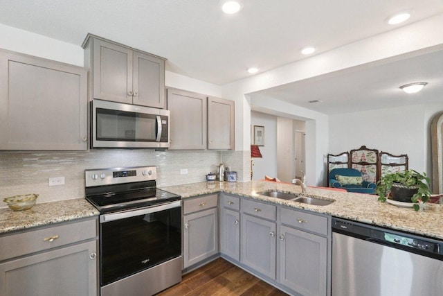 13605 Abigail Adams St, Manor, TX 78653 - kitchen with stainless steel appliances, gray cabinetry, dark wood-style flooring, and recessed lighting