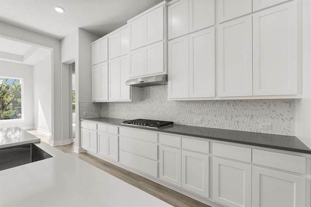 5126 Destination Way, Jonestown, TX 78645 - kitchen featuring under cabinet range hood, decorative backsplash, stainless steel gas stovetop, white cabinetry, and light wood finished floors