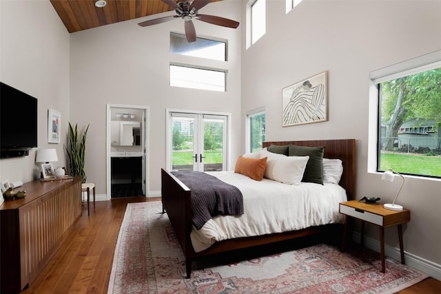 5710 Marilyn Dr, Austin, TX 78757 - bedroom with wood finished floors, multiple windows, high vaulted ceiling, french doors, and wood ceiling
