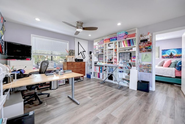 402 Oakcrest Dr, Cedar Park, TX 78613 - office area featuring ceiling fan, wood finished floors, and recessed lighting