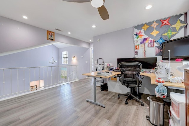 402 Oakcrest Dr, Cedar Park, TX 78613 - home office with wood finished floors, a ceiling fan, and recessed lighting