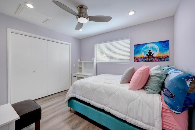 402 Oakcrest Dr, Cedar Park, TX 78613 - bedroom featuring light wood-style flooring, attic access, a closet, ceiling fan, and recessed lighting