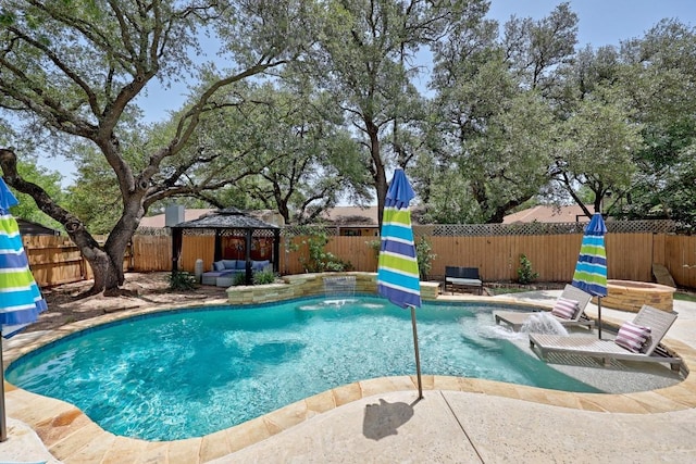 402 Oakcrest Dr, Cedar Park, TX 78613 - view of swimming pool with a gazebo, an outdoor living space, a fenced backyard, and a patio area