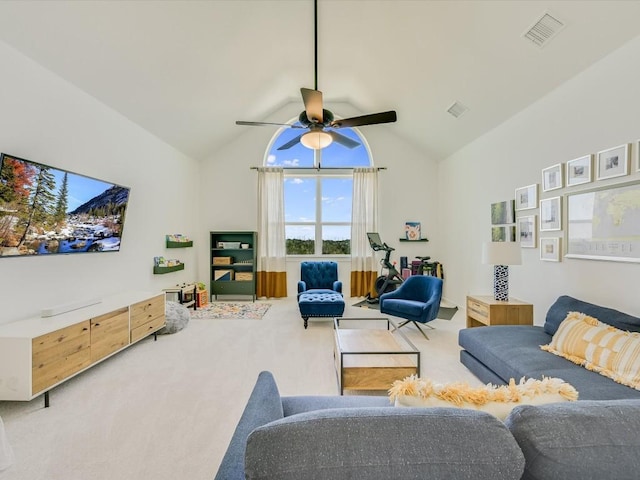11901 Pier Ct, Austin, TX 78737 - living room with light carpet, a ceiling fan, and lofted ceiling