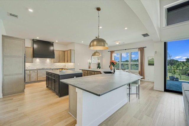 11901 Pier Ct, Austin, TX 78737 - kitchen with a large island, custom range hood, tasteful backsplash, light wood-type flooring, and recessed lighting