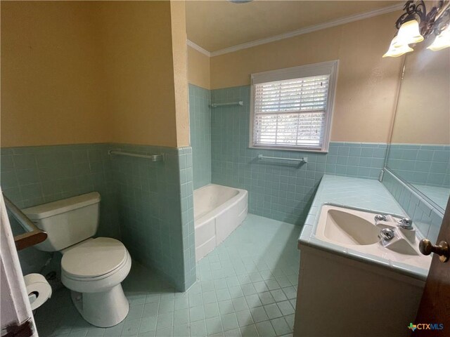 601 S Arnold St S, Lampasas, TX 76550 - bathroom with tile walls, tile patterned flooring, vanity, wainscoting, and crown molding