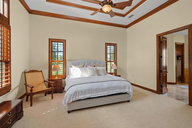 307 Goodnight Dr, Georgetown, TX 78628 - carpeted bedroom featuring ornamental molding and ceiling fan