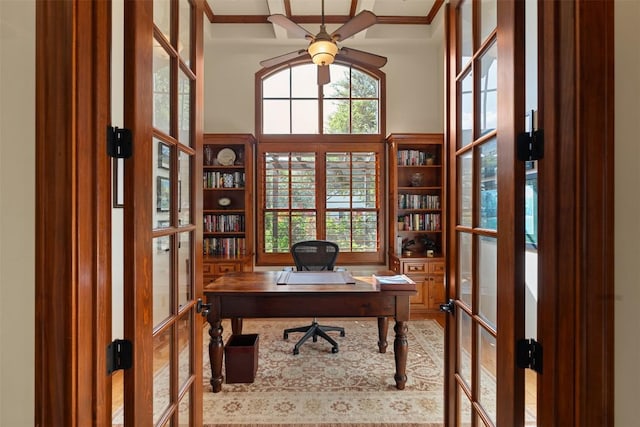 307 Goodnight Dr, Georgetown, TX 78628 - home office with french doors, a ceiling fan, and ornamental molding
