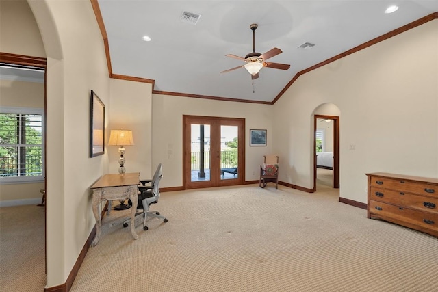 307 Goodnight Dr, Georgetown, TX 78628 - office area with arched walkways, light carpet, ornamental molding, a ceiling fan, and french doors