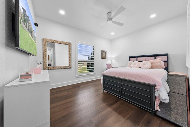 203 Black Stone Cv, Driftwood, TX 78619 - bedroom featuring dark wood-style floors, recessed lighting, and ceiling fan