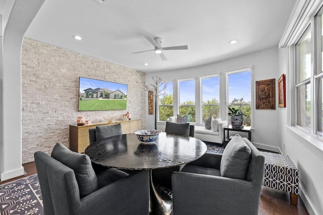 203 Black Stone Cv, Driftwood, TX 78619 - dining space featuring healthy amount of natural light, ceiling fan, wood finished floors, recessed lighting, and an accent wall