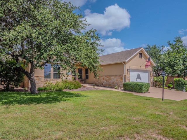 100 N Meadowlark St, Lakeway, TX 78734 - view of front of property with stone siding, stucco siding, an attached garage, and concrete driveway