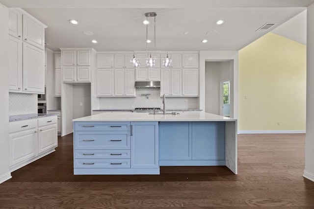2708 Feathergrass Ct, Cedar Park, TX 78613 - kitchen with under cabinet range hood, white cabinets, decorative backsplash, light countertops, and recessed lighting