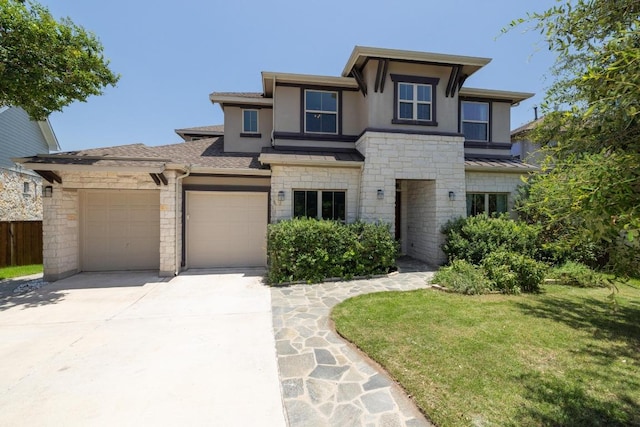 2708 Feathergrass Ct, Cedar Park, TX 78613 - prairie-style home featuring stone siding, a garage, stucco siding, concrete driveway, and roof with shingles