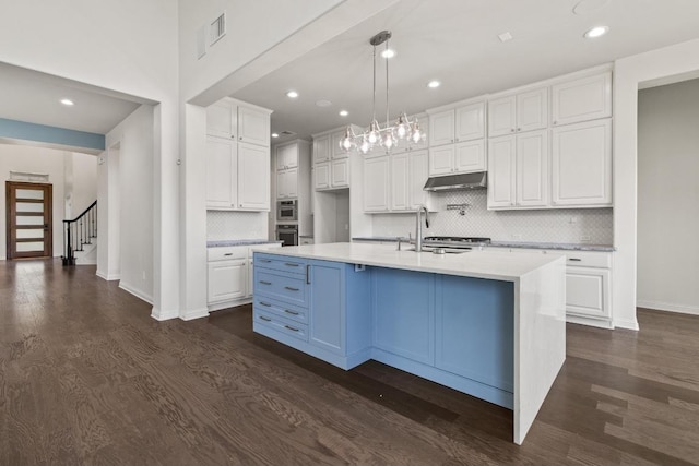 2708 Feathergrass Ct, Cedar Park, TX 78613 - kitchen with under cabinet range hood, white cabinets, dark wood finished floors, decorative backsplash, and recessed lighting