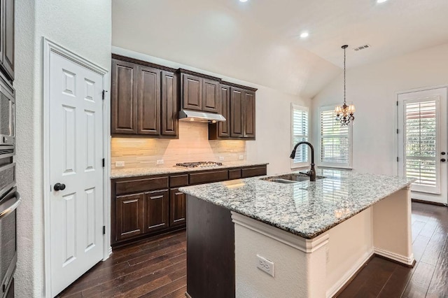 851 Catalina Ln, Austin, TX 78737 - kitchen with dark wood-style floors, vaulted ceiling, dark brown cabinets, decorative backsplash, and under cabinet range hood