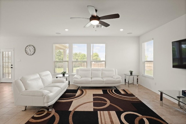538 Thunder Valley Trl, Georgetown, TX 78626 - living room with light tile patterned floors, plenty of natural light, ceiling fan, and recessed lighting