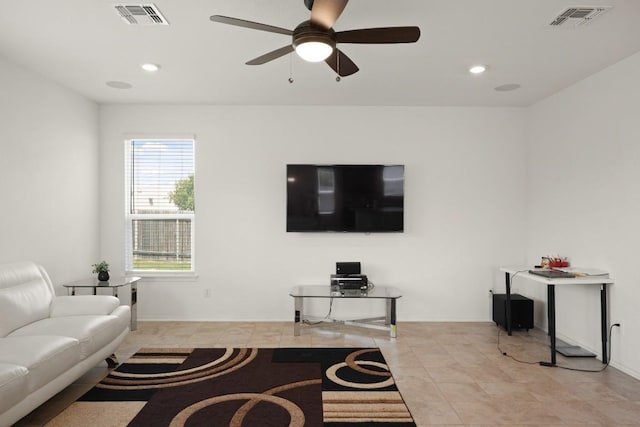 538 Thunder Valley Trl, Georgetown, TX 78626 - living room featuring ceiling fan, light tile patterned floors, and recessed lighting