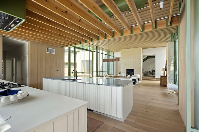 4506 Chiappero Trl, Austin, TX 78731 - kitchen with light wood-type flooring, stovetop, a large fireplace, white cabinetry, and wooden walls