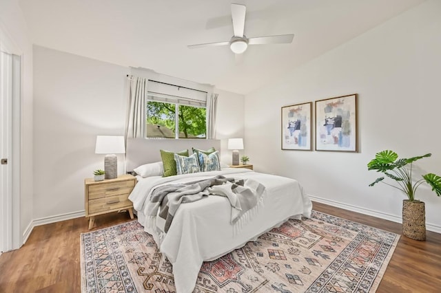 2508 Baxter Dr, Austin, TX 78745 - bedroom featuring wood finished floors, vaulted ceiling, and ceiling fan