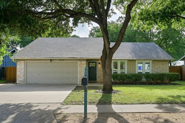 2508 Baxter Dr, Austin, TX 78745 - ranch-style house featuring stone siding, a garage, concrete driveway, and roof with shingles