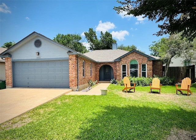 12413 Hunters Chase Dr, Austin, TX 78729 - single story home featuring a garage, brick siding, a chimney, and driveway